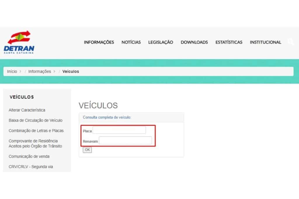 Página de consulta de veículos no site do Detran-SC.