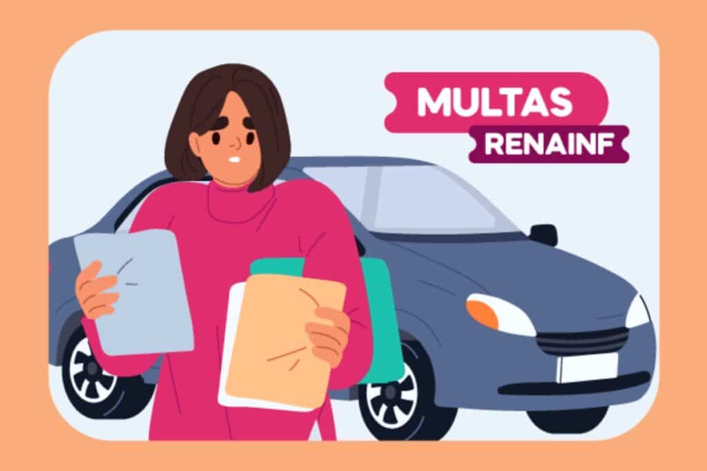 Pessoa com documentos e carro, texto "Multas RENAINF".